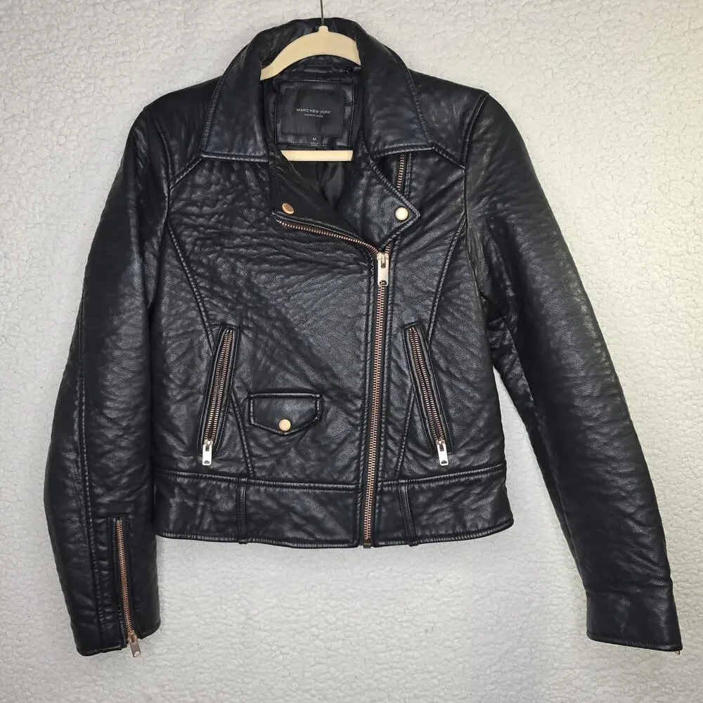 Marc NewYork SzM Faux Black Thick Sturdy 3D surface Moto Biker Jacket Gangster‎